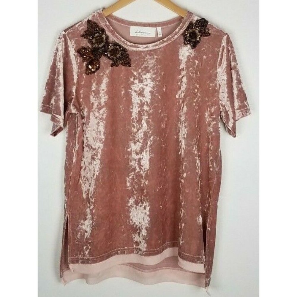 LaBellum Hillary Scott Sz. M Short Sleeve Rose Velvet Shirt w/ Bronze Sequin